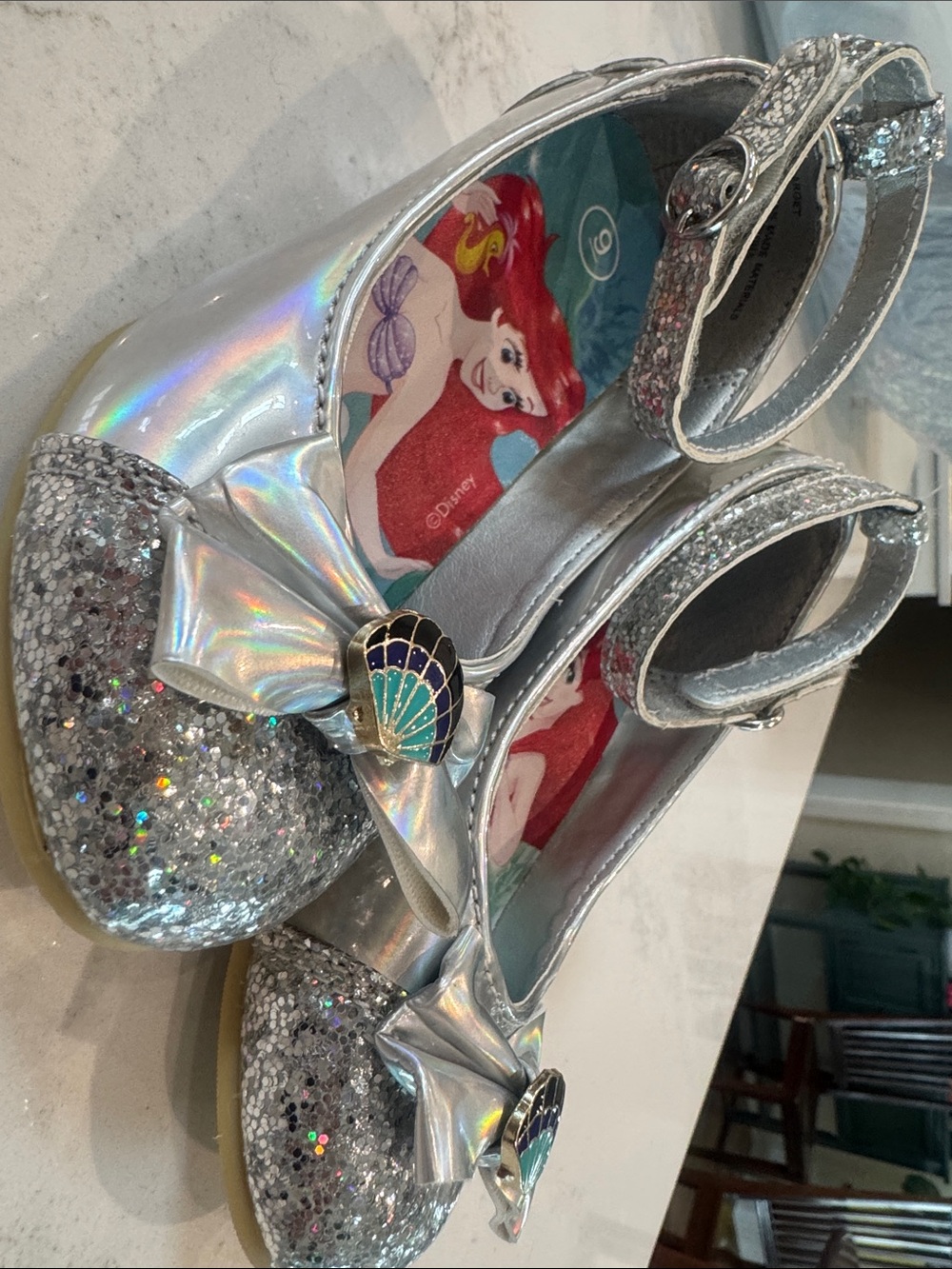 Disney Silver Glitter Ariel Mary Jane Shoes with Seashell Accent